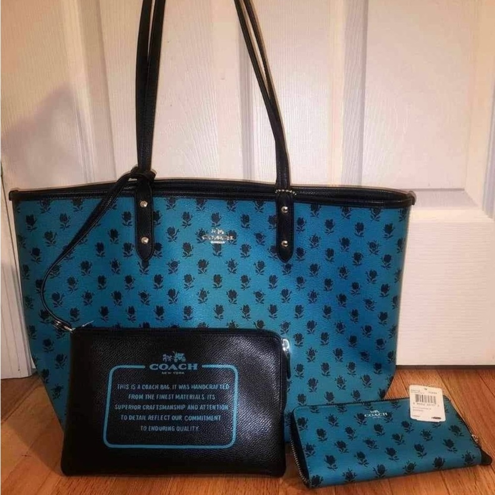 Floral Print Canvas Tote Turns Inside out to reveal soils black tote w/ wallet.